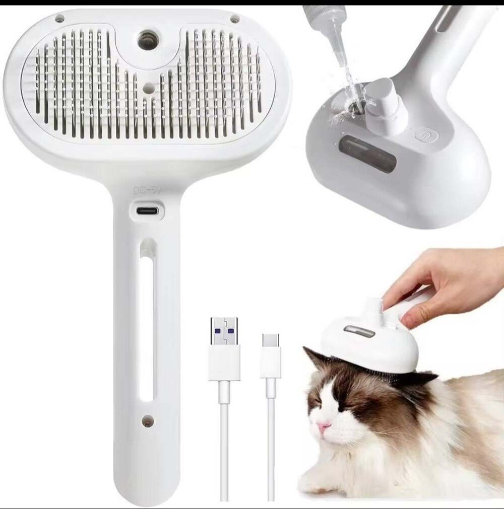 Pet Spray Hair Comb Cat Dog Grooming Brush USB Rechargeable White NEW